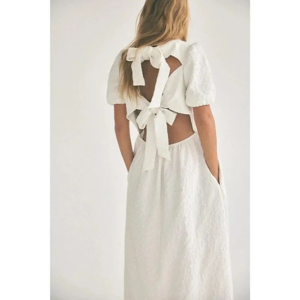 Zara Womens A-Line Midi Dress M White Puff Sleeve Cut Out Bow 3067/207 NWT